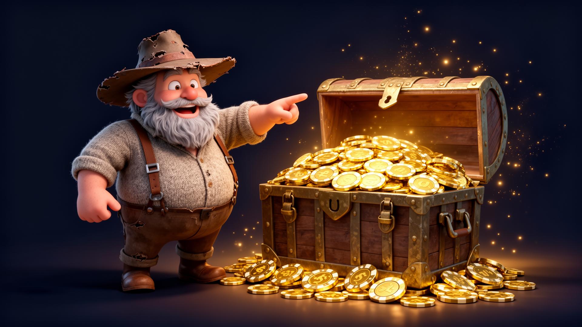 Voitto-maskotti esittelee kasinobonuksia aarrearkun vieressä